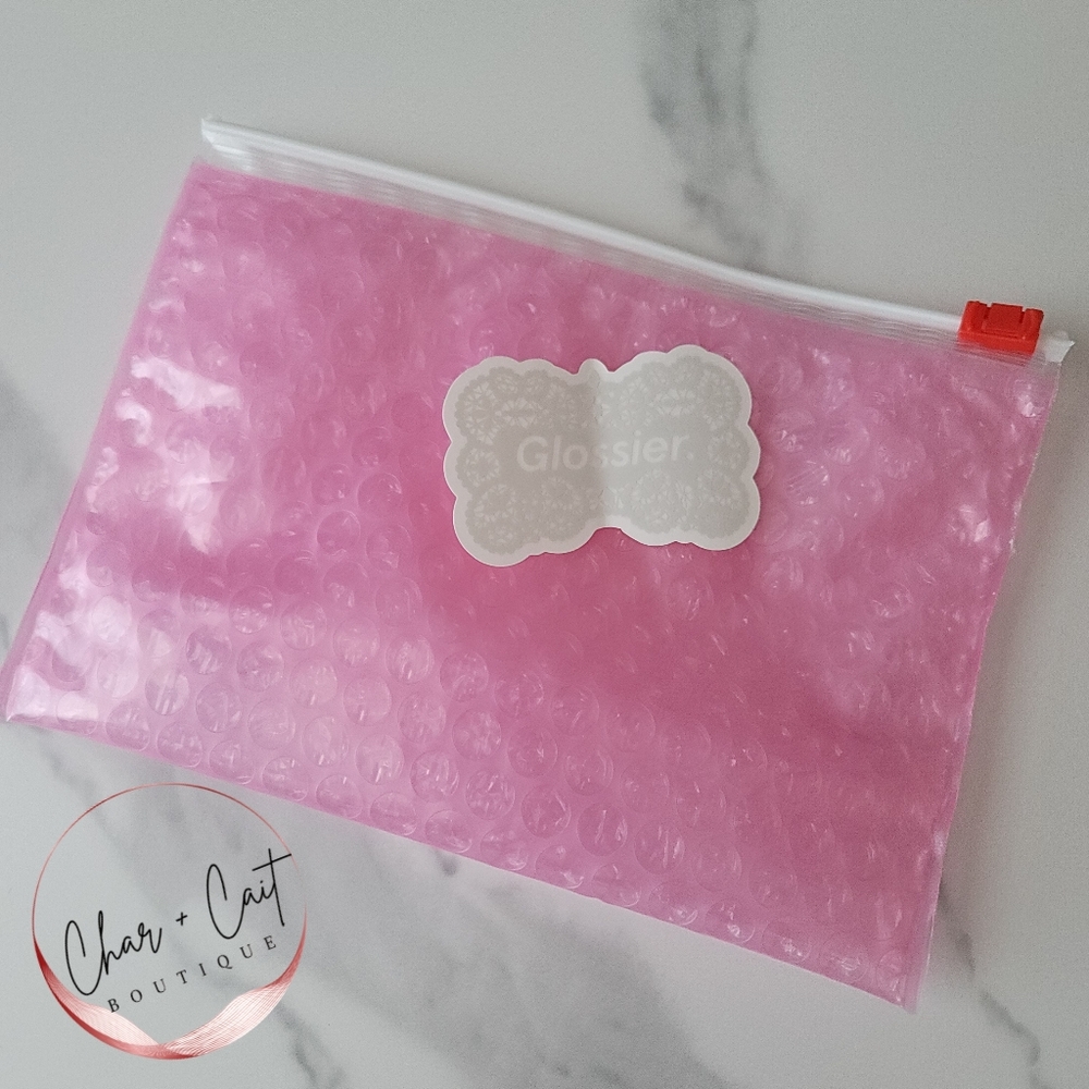 Glossier Pink Bubble Pouch and Winter 2024 Sticker